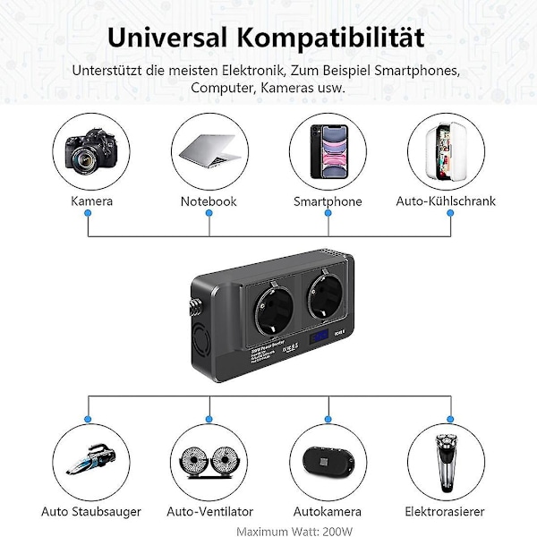 200w bilomformer, spenningsomformer 12v til 220v med smart tidsvisning LCD, 2 stikkontakter og 4 USB c