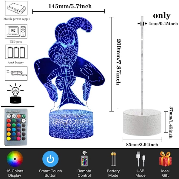 3D nattlys for barn, Spiderman-leker for gutter, superhelt 3D illusjonslampe med 16 fargeskiftende og fjernkontroll, dekorativ bordlampe