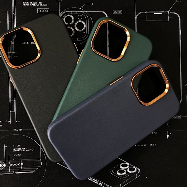 iPhone 13 klassiskt skal i veganskt läder med guldram & guldknappar Gr Green one size