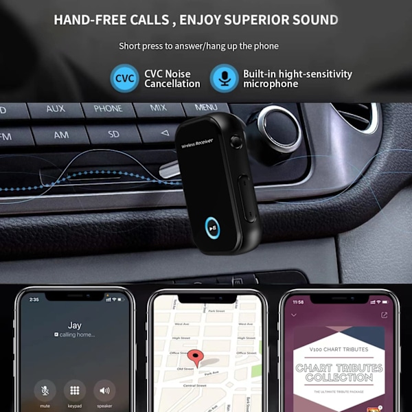 BT5.0 Bluetooth-vastaanotin autoon, handsfree-puhelut, Aux Bluetooth -audiovastaanotin 3,5 mm:n audioliitännällä autoon/langallisiin kuulokkeisiin/kotiteatteriin