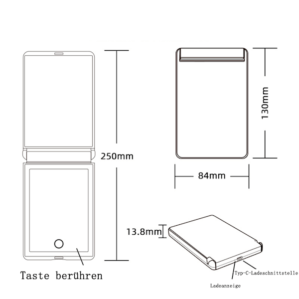 Vikbar fickspegel, LED USB handhållen spegel med 2x förstoring, 300° vikbar och 2-sidig magnetisk brytare, liten handspegel för resor