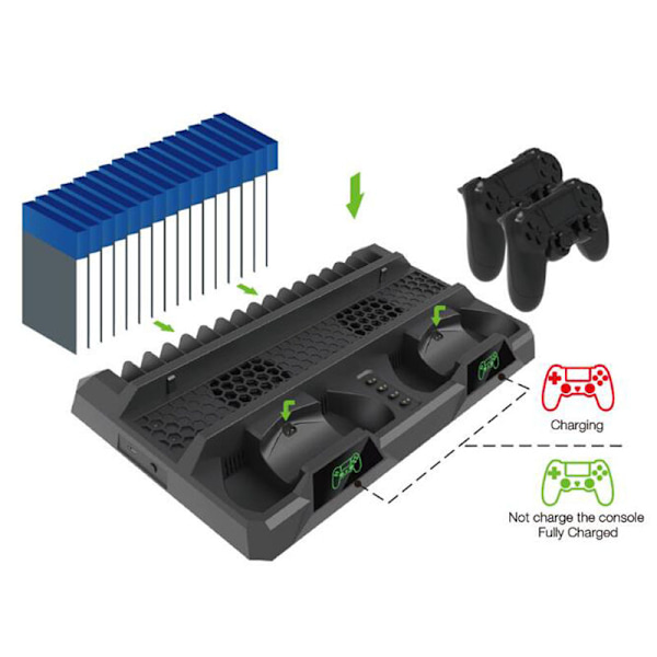 PS4 lodret stativ, alt-i-én PS4 lodret stativ holder ventilator til Playstation 4 Pro/Slim, PS4 controller opladningsstation