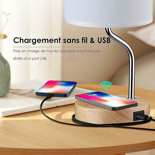 Touch sengebordslampe 5W med trådløs oplader - 3 lysstyrkeniveauer, USB-port, beige