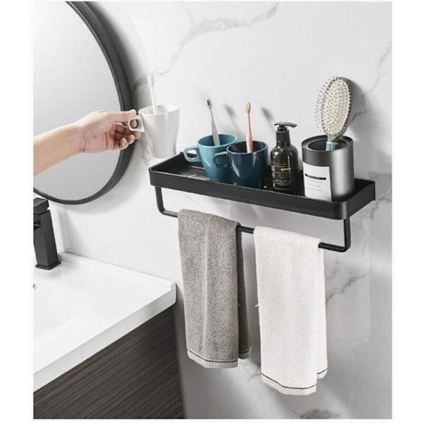 Håndklædeholder, firkantet badeværelseshylde med håndklæde- og vægskinne, fremstillet af solid aluminiumslegering med matsort overflade, sort, 30 cm