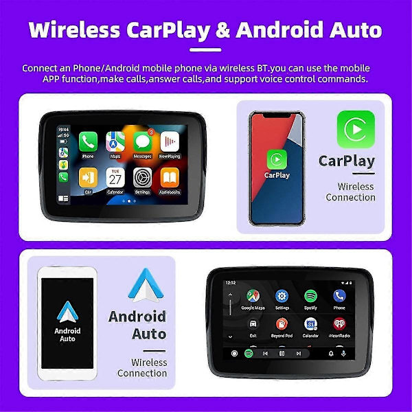5 Tum Motorcykel Trådlös Carplay Android Auto Portabel Navigation GPS Skärm Vattentät Display - WELLNGS