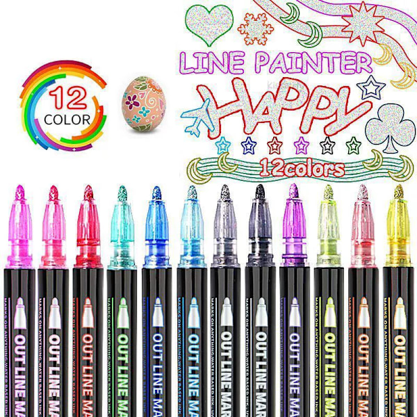 Outline Magic Pens Joulukalenteri Tytöille 12 Väriä Kaksinkertaiset Glitter-kynät Metalliset Magic-kynät Maalaukseen, Lahjakortteihin, Scrapbookingiin, Askarteluun