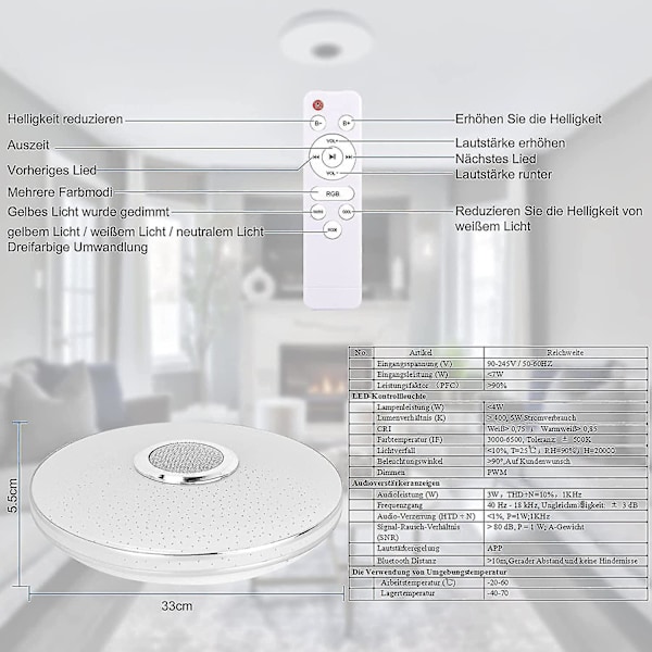 36w Led Deckenleuchte Dimmable med Bluetooth-høyttaler, Led Deckenlampe med fjernkontroll eller app-styring, RGBW fargeskift, Einstalbar for soverom kjøkken barnerom stue