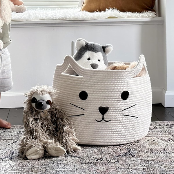 Stor Vævet Bomuldsreb Opbevaringskurv, Baby Vasketøjskurv Organizer til Håndklæder, Tæppe, Legetøj, Tøj, Gaver | Kæledyrsgavekurve til Kat, Hund, Hvid