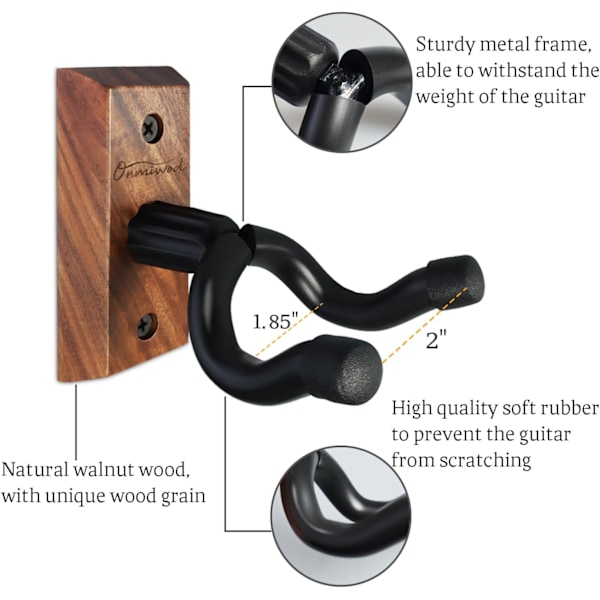 Gitarveggfeste, Svart Valnøtt Tre Gitarhengeren, U-Formet Gitarveggfeste, Gitarholder Krok Stativ Vegg for Akustisk, Elektrisk Gitar