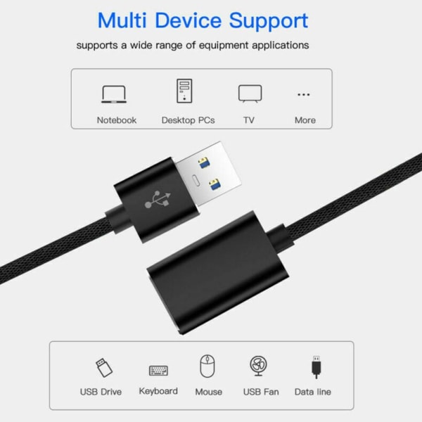 1/2M USB3.0 förlängningskabel Sladd M/F Standard TypA Data Hona blackB 200cm