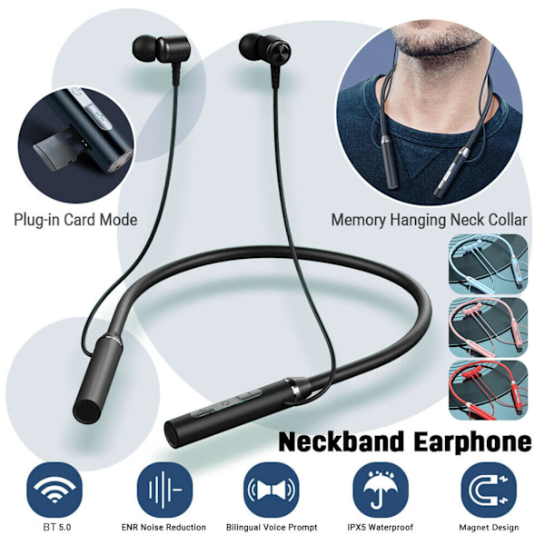 Magnetiska Bluetooth 5.0 trådlösa nackbandshörlurar e Handsfree H black One-size