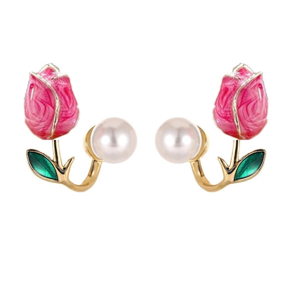 Tulip Pearl Stud Earring, Rosa Lila Blomma Örhängen för Kvinnor Rose Red One size