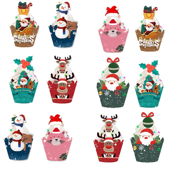 24 stk Jule Cupcake Toppers og Wrappers Festartikler - Snemand/Jul
