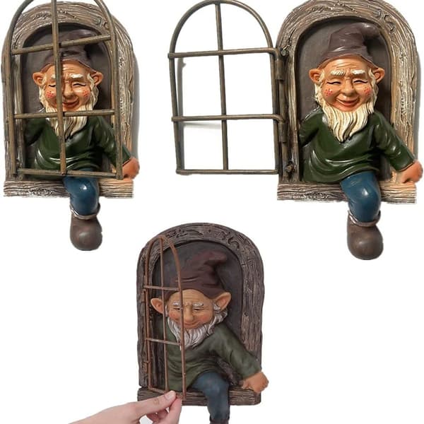 Havegnisse Statue Elf Ud Af Døren Træ Hugger, Have Kiger