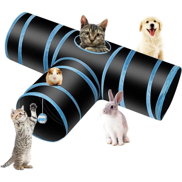 Cat Tunnel Cat Game, Kanin Pet Tunnel 3-veis Crinkle Tunnel Sammenleggbar rørleke for katter Kaniner, hunder, kjæledyr, med fiskestang katteleke