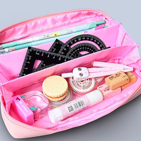 Blyantveske med skuff, bred åpning, sammenleggbar, rosa