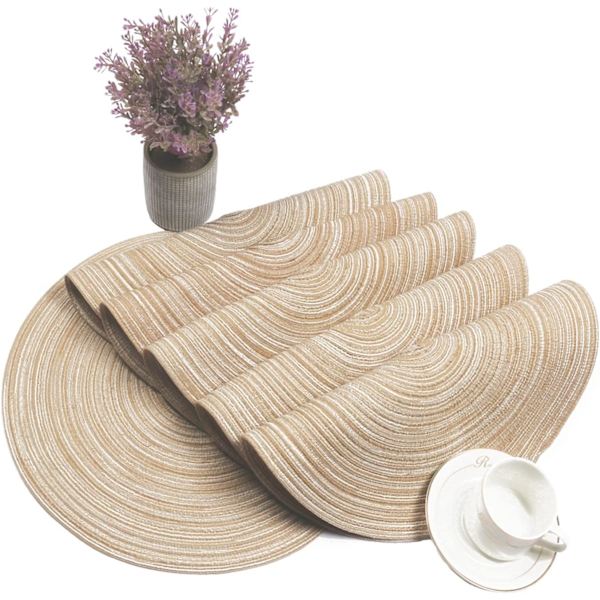 Set med 8 runda flätade placemats för matbord (beige, 8)