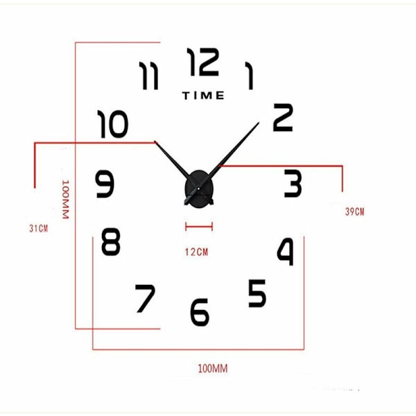 Stor DIY veggklokke stille moderne 3D klistremerke hjemmekontor dekor gave (svart) KLB