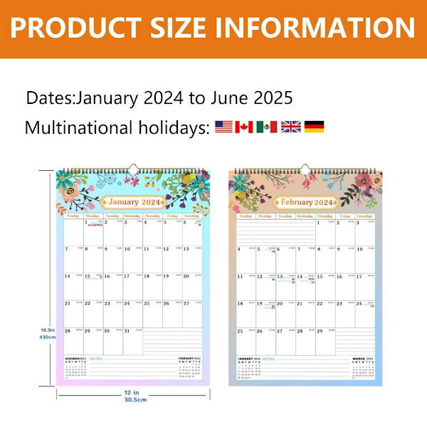 Vægkalender A512\" x 16,9\", jan 2024. jun 2025, lodret