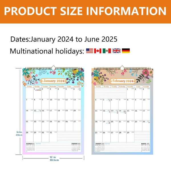 Veggkalender A5 12\" x 16,9\", jan 2024 - jun 2025, vertikal