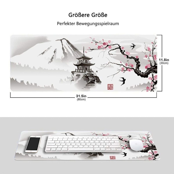 Japansk Pagode og Kirsebærblomst Gren Overdimensjonert Gaming Musematte