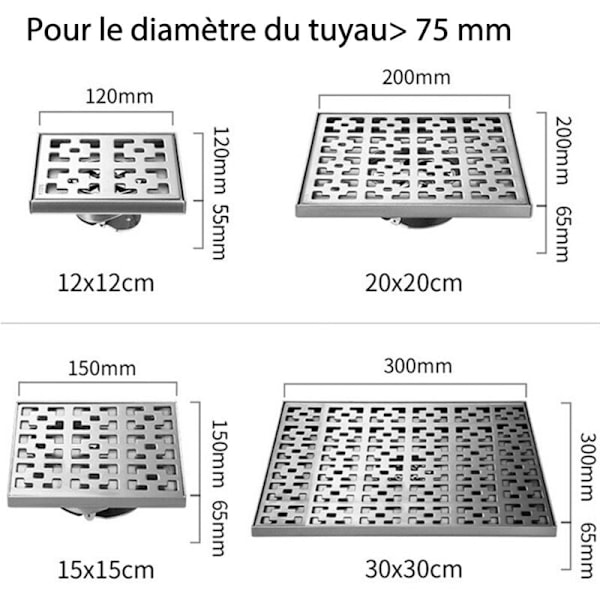 Golvavlopp i rostfritt stål 304 för trädgård, stort golvavlopp för utomhusbruk, lämplig för diameter ≥75MM, 10x10 CM KLB