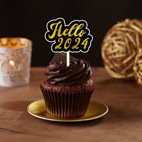 12 stycken Glad Nyår cupcakes-dekorationer, 2024 festdekorationer.