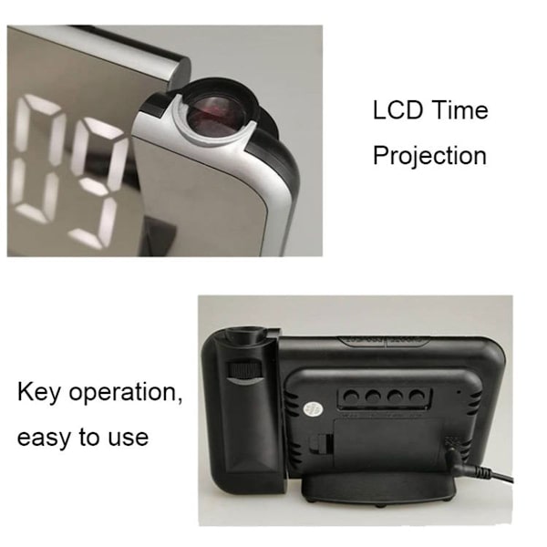 Automatisk halvlysande elektronisk klocka med LED-spegelprojektion (svart skal +