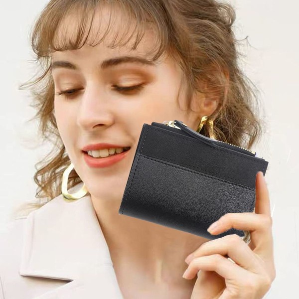 Liten plånbok för kvinnor, smal läder bifold främre fack för kvinnor, svart
