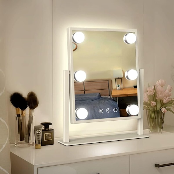 Hollywood belyst makeup spejl med 3 farve lys og 6 dæmpbare LED pærer, smart touch skærm og 360 graders rotation KLB