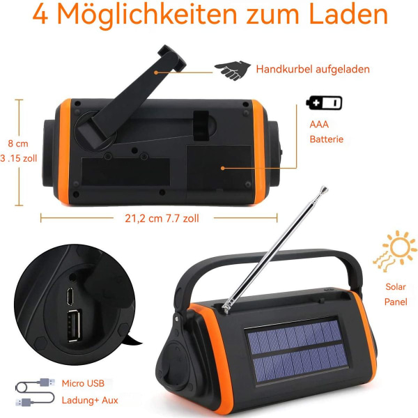 TKOOFN Solardynamo vevradio FM, bärbar multifunktionell utomhusnyhet