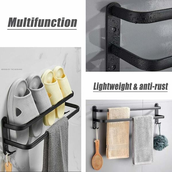 Veggmontert håndkleholder for bad, matt sort selvklebende håndkleholder, ikke-oksiderende, ikke-perforert aluminiumlegering håndkleholder (doble stenger) KLB