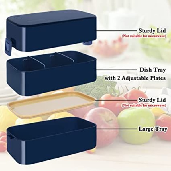 2-kerroksinen bentolaatikko lounaskassilla - ruokailuvälineet, säädettävillä osastoilla varustetut Bento-laatikot aikuisille ja lapsille, vuotamaton kannettava lounaslaatikko töihin ja kouluun