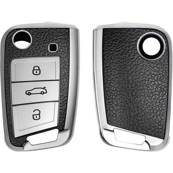 Silver-svart bilnyckeltillbehör kompatibel med VW Golf 7 MK7 3-knapps- cover
