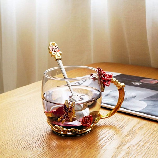 Glas Tekopp, Kristallklar Blomster Te Kaffe Kopp, Handgjord Emalj KLB