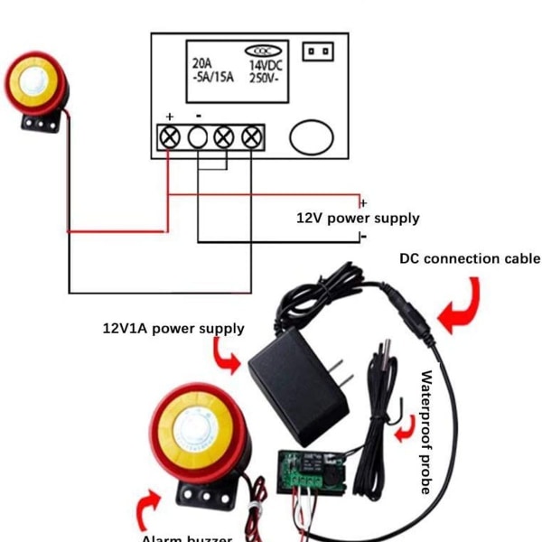 12V digital termostat multifunktionell termostat med sensor, temperaturmätningsområde: -50