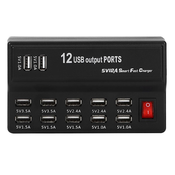Moniporttinen kotitalouspistorasia, jossa on 12 USB-porttia ja pikalaturi KLB