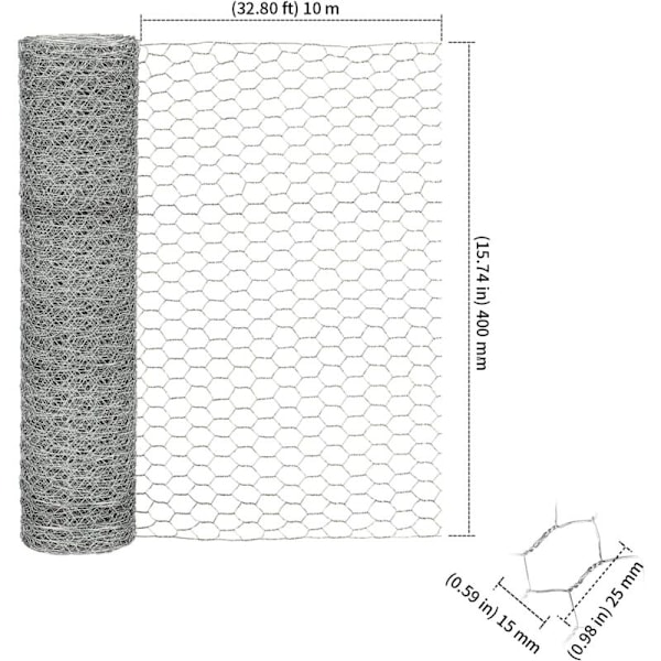 40cm x 10m Galvanisert Sekskantet Trådnett med 100 Kabelbindere og 1 Trådkutter, Sekskantet Trådnett for Håndverk, Hageprosjekter, Dekorering KLB