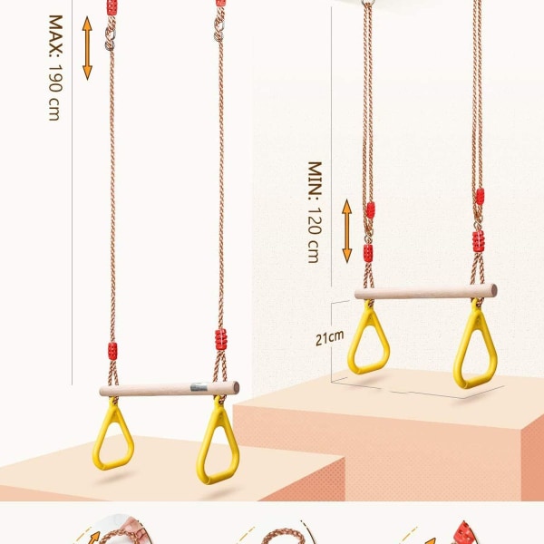 GHB trapez multifunktionel trægynge til børn med gymnastikringe i plast