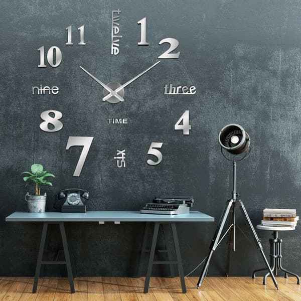 DIY väggklocka, 3D DIY stum väggklocka, stor 3D väggklocka, modern design, akryl väggklocka för kontor, vardagsrum, sovrum - Silver KLB