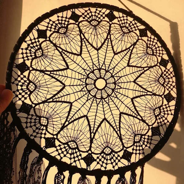 Håndlavet sort drømmefanger - Stor Boho drømmefanger med sort macrame - Vægdekoration til bil, bryllup, hjem, soveværelse,-