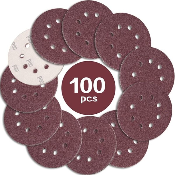 100 stk slibeskiver 125mm korn 80, sandpapir slibeskiver 8 huller ideel til slibning/polering til excentrisk slibemaskine KLB