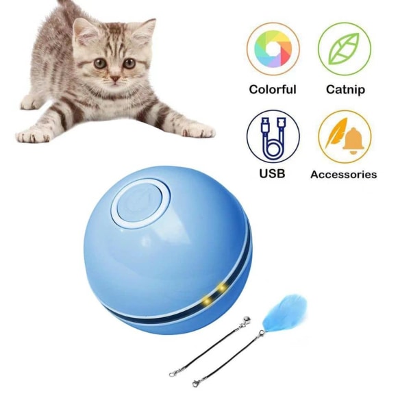 Interaktiv kattleksak inomhus, 360 graders interaktiv automatisk kattboll, USB-laddningsbar med LED-blixt och inbyggd kattmynta blå