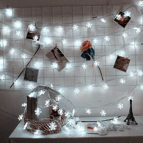 Julgransbelysning Batteri Snöflinga, Vit 5M 50LED med Fjärrkontroll Vattentät Inomhus/Utomhus Fe-ljus för Fest Rum Balkong DIY Dekoration