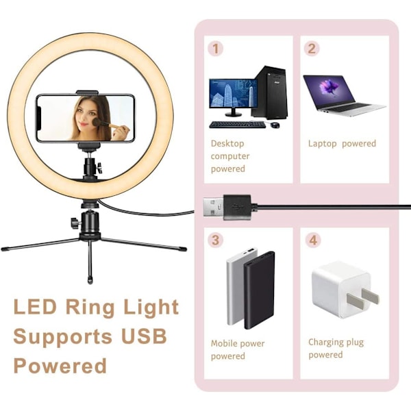 10 tuuman LED-rengasvalo jalustalla ja puhelintelineellä suoratoistoon ja YouTube-videoihin, himmennettävä pöytämeikki rengasvalo valokuvaukseen, kuvaamiseen