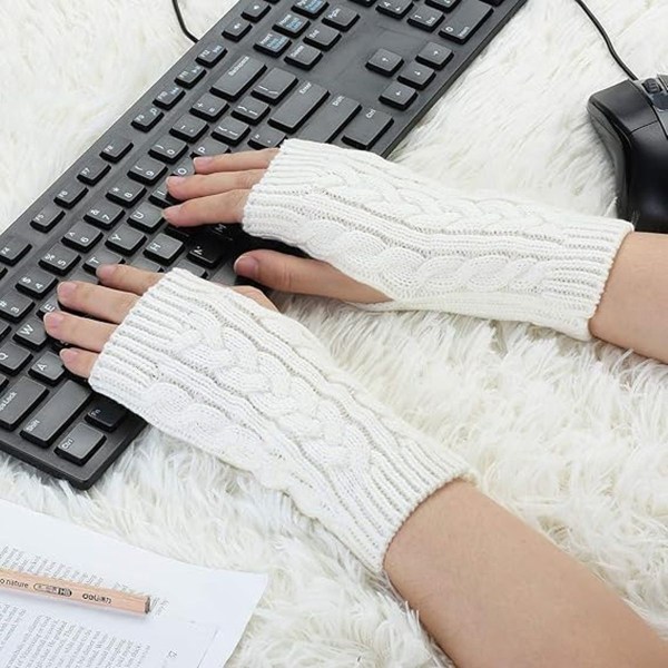 Ribbede håndledsarmvarmere Stretchy kabelstrikkede fingerløse handsker Hvid KLB