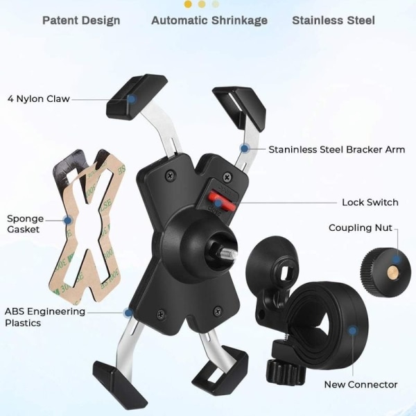 Matkapuhelimen pidike polkupyörään, ruostumattomasta teräksestä valmistettu matkapuhelimen pidike moottoripyörään, 360° pyörivä