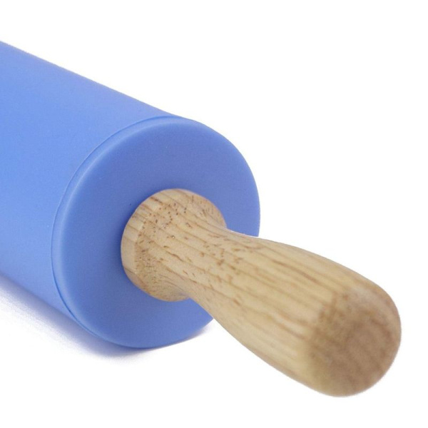 Silikon kjevle med non-stick overflate og håndtak i tre (blå)