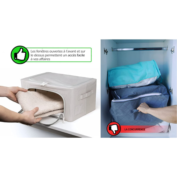 Tøjopbevaring med lynlås-opbevaring til tøj og garderobe, dyne, lagner-stabil Foldbar tøjopbevaringspose med metalramme-stabelbare tøjkasser