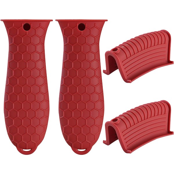 4 stykker rød silikone varmhåndtagsholder og silikonehåndtagsholder Støbejernsgrydehåndtag Ærme Grydeærmehåndtag til støbejernswoks-gryder